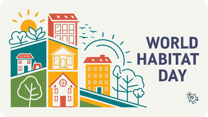 World habitat day illustration with houses, trees, and sun