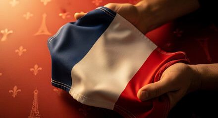 A person's hands carefully hold the French tricolor flag against a symbolic background with Eiffel Tower and fleur-de-lis patterns.