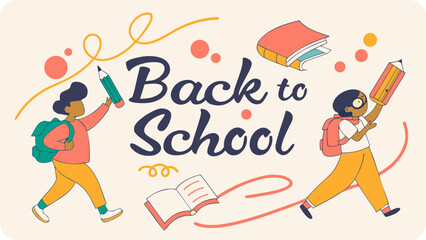 Fototapeta premium Back to school illustration with students, books, pencils, and backpacks