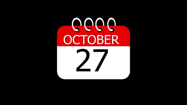 day date 27 October concept template calendar page animation concept. Calendar with the date October 27 on a black background. October 27 - Daily Calendar Icon in flat design style.