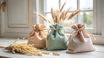 Pastel fabric pouches with dried wheat, rustic windowsill setting, soft natural light, minimalist aesthetic.