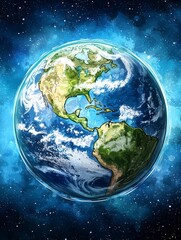 Fototapeta premium Earth from Space Watercolor Style Illustration.