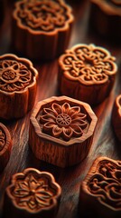 Decorative Wooden Mold Carvings Set with Floral and Geometric Patterns on Rustic Surface