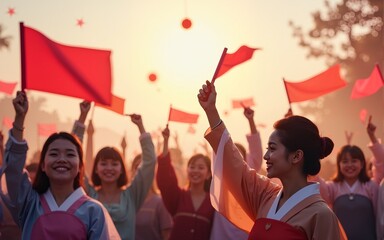 National Liberation day of Korea. People in hanbok celebrate by waving Taegeukgi. Hurray for the independence of Korea, Korean translation. High quality