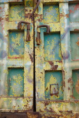 rusty green yellow iron plate. grunge iron panel. 