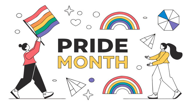 Celebrate pride month with rainbow flags, hearts, and geometric shapes isolated on white background - Powered by Adobe