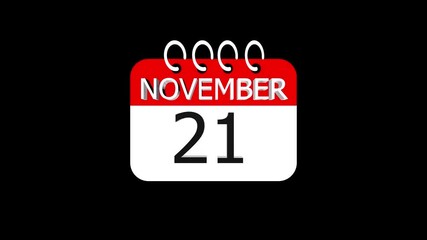 day date 21 November concept template calendar page animation concept. Calendar with the date November 21 on a black background. November 21 - Daily Calendar Icon in flat design style.