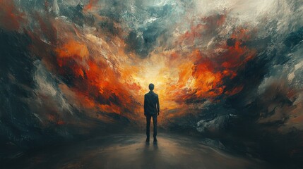 Obraz premium A Silhouette of a Man Standing Before an Abstract Background of Vivid Hues