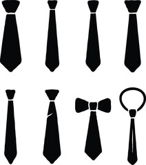 Various styles of men's neckwear in a black silhouette icon set. Includes neckties, a bowtie, and a bolo tie for formal and business concepts.