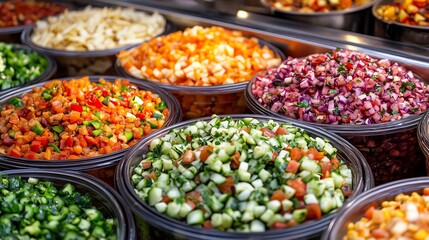 Colorful Fresh Vegetable Salad Bar with Chopped Vegetables in Black Bowls