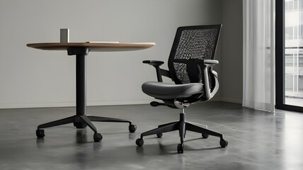 modern black office chair, with a comfortable armrest. The chair features a five-wheel base and adjustable height mechanism, making it suitable for home or professional office environments.
