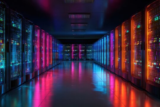 Illuminated server room showcasing colorful LED lights in a modern data center with rows of servers at night