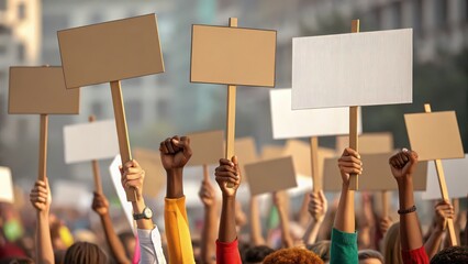 Protest march demonstration rally with signs and raised fists for social justice and political change