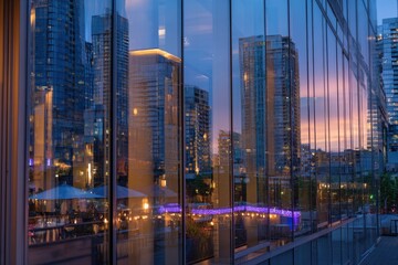 Reflection of vibrant city skyline captured on glass windows during sunset showcasing urban life and architectural beauty in a bustling metropolitan area