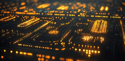 Close Up of Illuminated Circuit Board with Glowing Orange Leds and Microchip Components