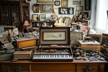Vintage, cluttered antique shop.  A desk filled with old musical instruments, artwork, and curiosities