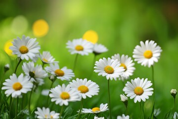 Fototapeta premium White daisies in a grassy field, soft bokeh