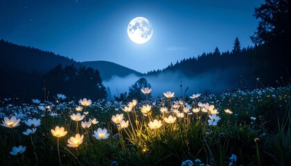 Moonlit wildflowers in misty valley glow under bright full moon, surrounded by mountains and fog, creating a peaceful, dreamy nighttime landscape.