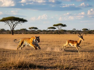 Naklejka premium A tiger chases an antelope across the wide open grassland of the African savanna landscape