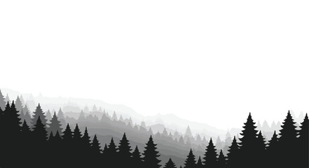 Obraz premium Mountainous grayscale silhouette forest illustration, hazy