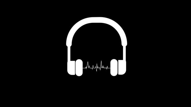 headphones music play icon animation. headphones sign looped animation on black background.