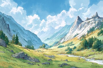 Fototapeta premium Expansive panorama showcasing lush meadows and majestic mountains under a bright blue sky with fluffy clouds, inviting serenity and a sense of adventure