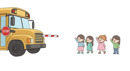 School Bus Stop: A vibrant illustration capturing the anticipation and excitement of young children waiting to board the school bus, symbolizing the start of a new day and the adventures of learning.