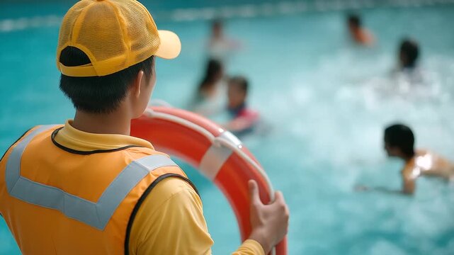 Lifeguard supervising children at a swimming pool with lifebuoy
