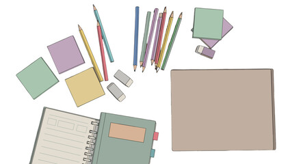 Stationery Collection: An overhead shot reveals a meticulously arranged assortment of colorful stationery, showcasing a variety of pens, pencils, erasers, sticky notes, and a notepad.