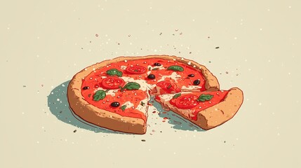 Delicious Pizza Slice Illustration:  A tempting visual of a Margherita pizza with a slice removed, perfect for food blogs, menus, and culinary publications.
