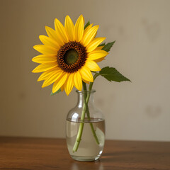 Fototapeta premium A single, vibrant sunflower with its green leaves is arranged in a clear glass vase on a rustic wooden table.
