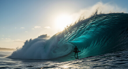 Silhouette of a lone surfer standing before a massive, glowing turquoise ocean wave illuminated by the morning sun.
