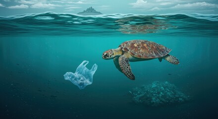 Obraz premium Sea turtle swims in ocean near plastic bag highlighting ocean pollution and promoting environmental sustainability