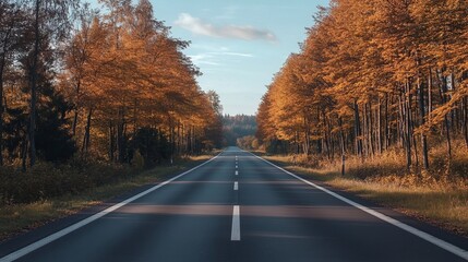 Autumn road through golden trees