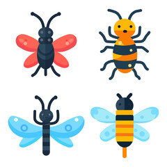 Charming collection of stylized insects: butterfly, bee, dragonfly, and ladybug icons