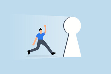 Obraz premium Life changing opportunity, hopeful motivated businesswoman steps through the keyhole of a bright door