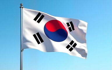 Flag on taegeukgi, Korea flag pole and blue sky, Flag of Korea fluttering in blue sky big national symbol. Waving red blue and white black symbol Korea flag, Independence Constitution Day.