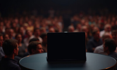 Tablet on stage before audience in dim lighting