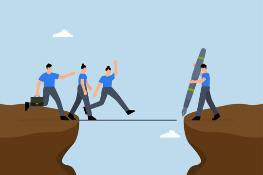 Support employee to progress, business manager pulls line down like  bridge to help team members over a cliff