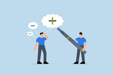 Think positive mindset, business manager with a pencil to draw  positive sign on employee negative thought