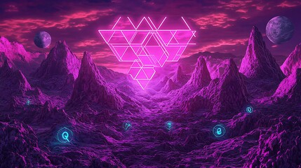 Ancient world geometry fused with digital topography in vibrant fuchsia neon