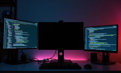 Triple Monitor Setup with Glowing Code