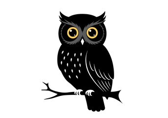 A black owl with yellow eyes perched on a bare branch against a stark white background illustration
