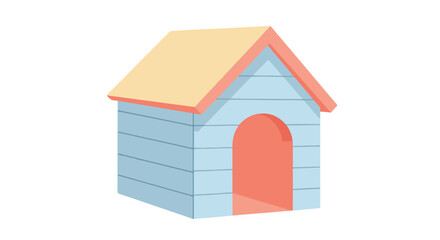 Cute doghouse with light blue siding, red trim and round door, and a beige roof