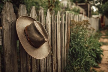 Cowboy hat rests on an old wooden fence surrounded by greenery in a serene rural setting on a sunny day