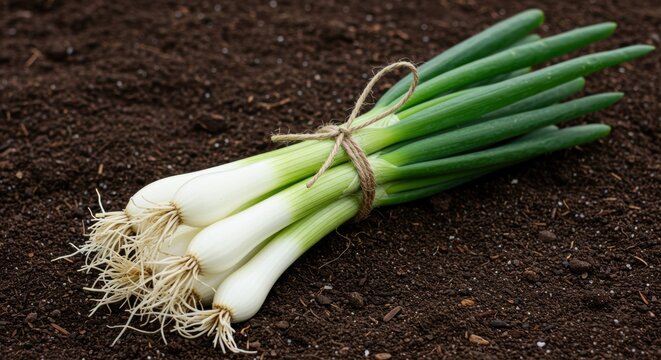 Fresh green onions tied with twine sitting on dark soil background promoting healthy eating and sustainable agriculture