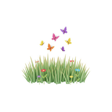 3D A vibrant meadow with green grass and flowers under a sunny spring sky
