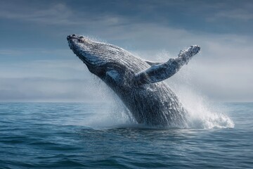 Naklejka premium Massive blue whale breaches the ocean surface during a calm morning in the Pacific, showcasing its grandeur and strength as water splashes around it