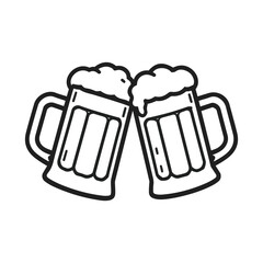 Clinking Beer Mugs Vector Illustration. Cheers Toast Celebration Line Art Icon for Pub or Bar.