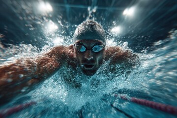Male swimmer performs crawl stroke in an indoor swimming pool during a competitive training session